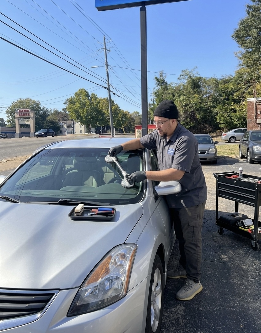 Technician installing a windshield on a customer's vehicle
